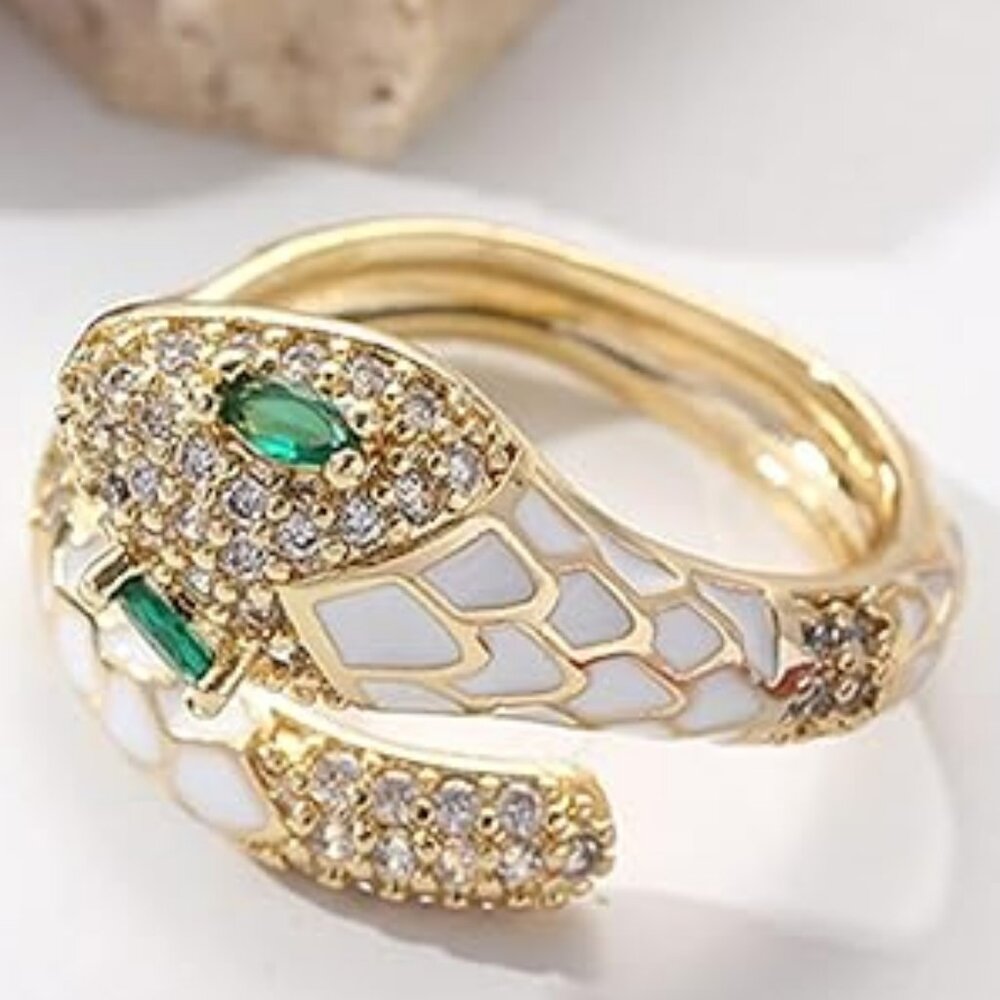 Cute Green Eyed  Snake Adjustable Gold Ring